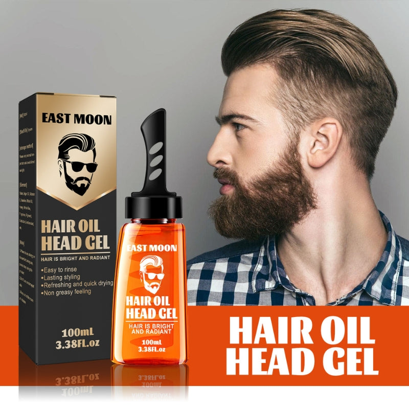Een foto van een man met een flesje Hair Oil Head Gel.