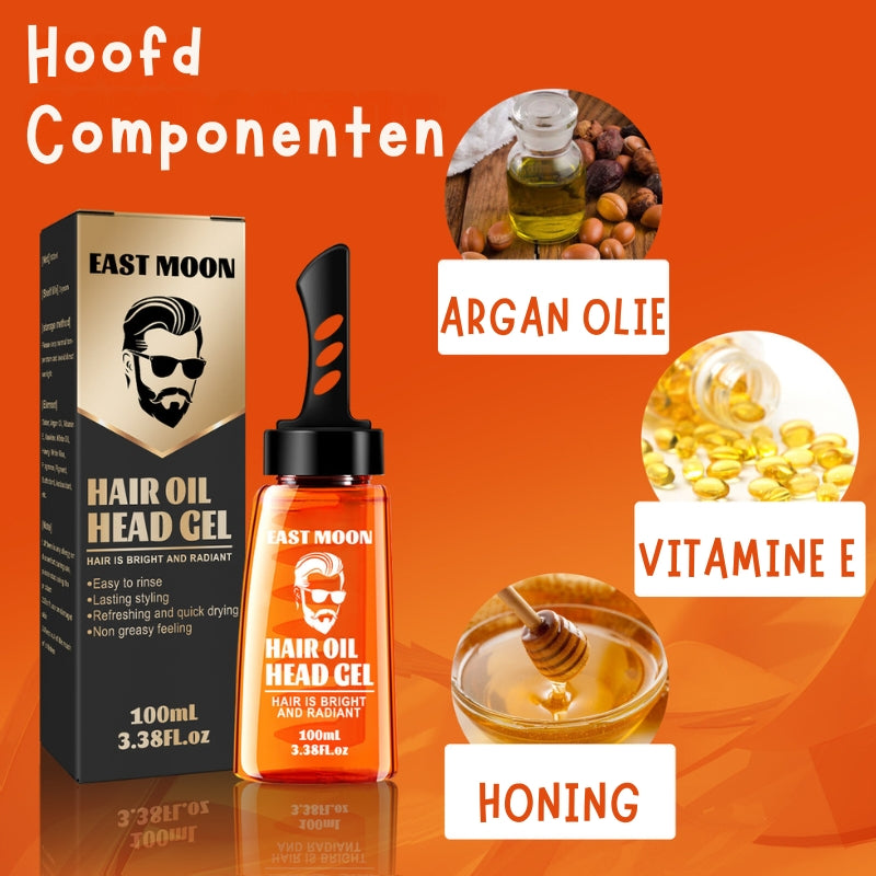 Foto van de Hair Gel met de foto's van de ingredienten, Argan olie Vitamine E en Honing.