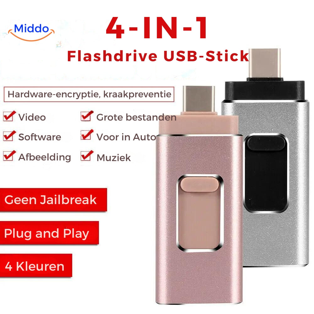 4-in-1 Flashdrive USB-stick in roze en zilver.