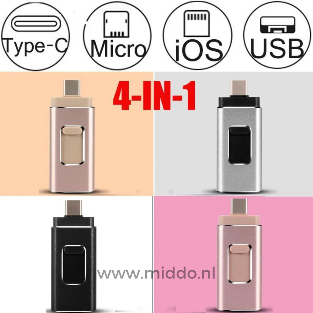 Vier kleuren 4-in-1 Flashdrive USB-stick met iconen.
