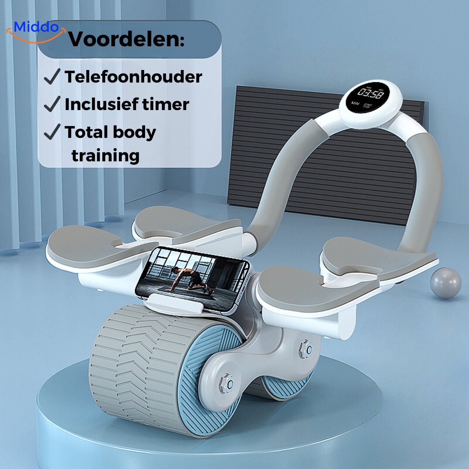 Grijs blauwe Abwheel pro buikspier trainer met telefoonhouder en timer van Middo.nl