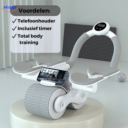 Grijze Abwheel pro buikspier trainer met telefoonhouder en timer van Middo.nl