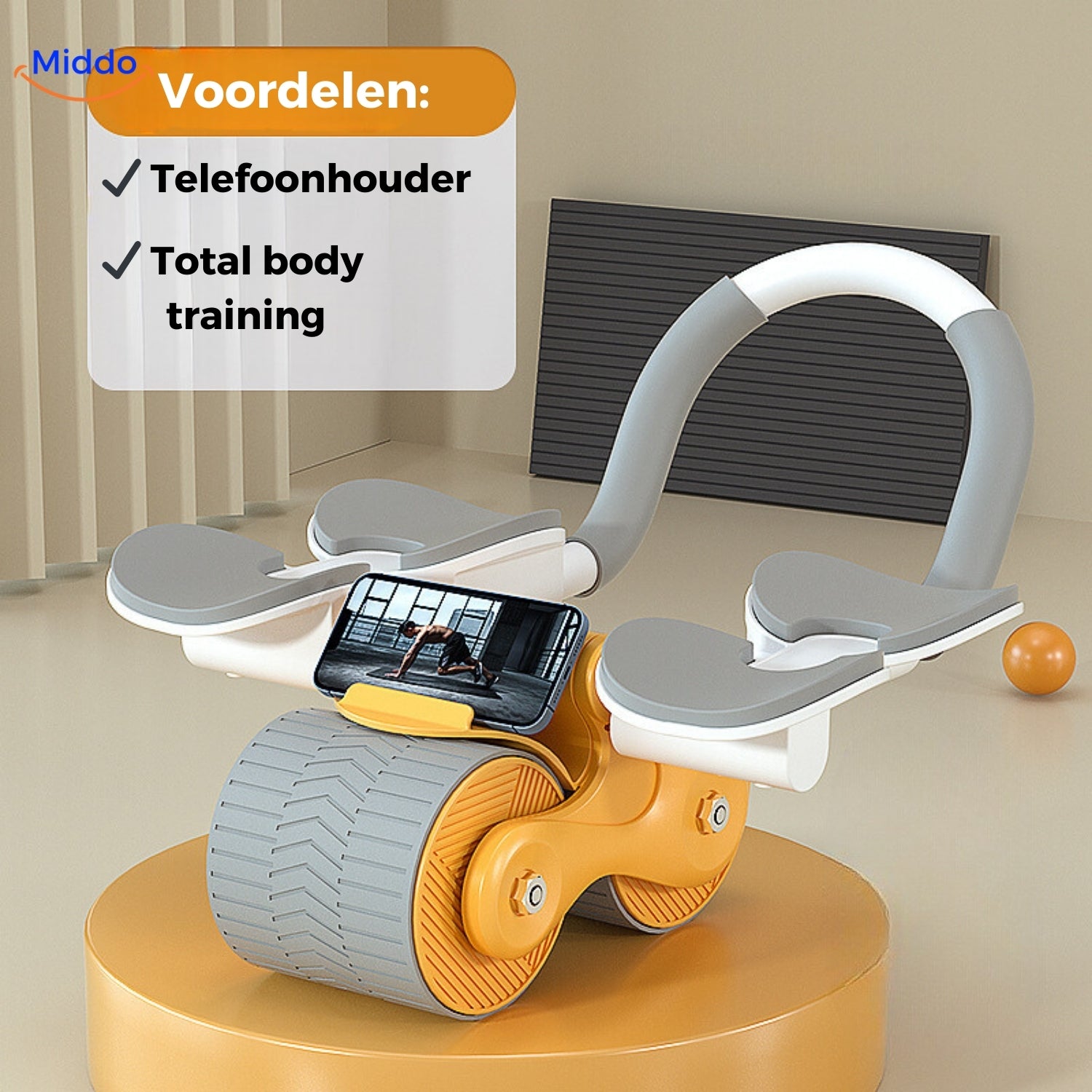 Oranje Abwheel pro buikspier trainer met telefoonhouder van Middo.nl