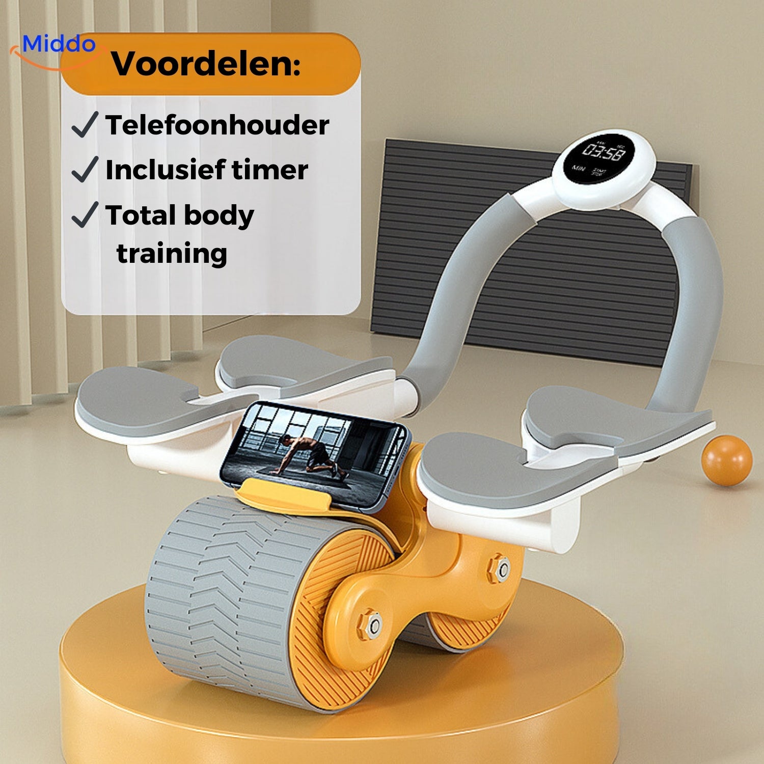 Oranje Abwheel pro buikspier trainer met telefoonhouder en timer van Middo.nl