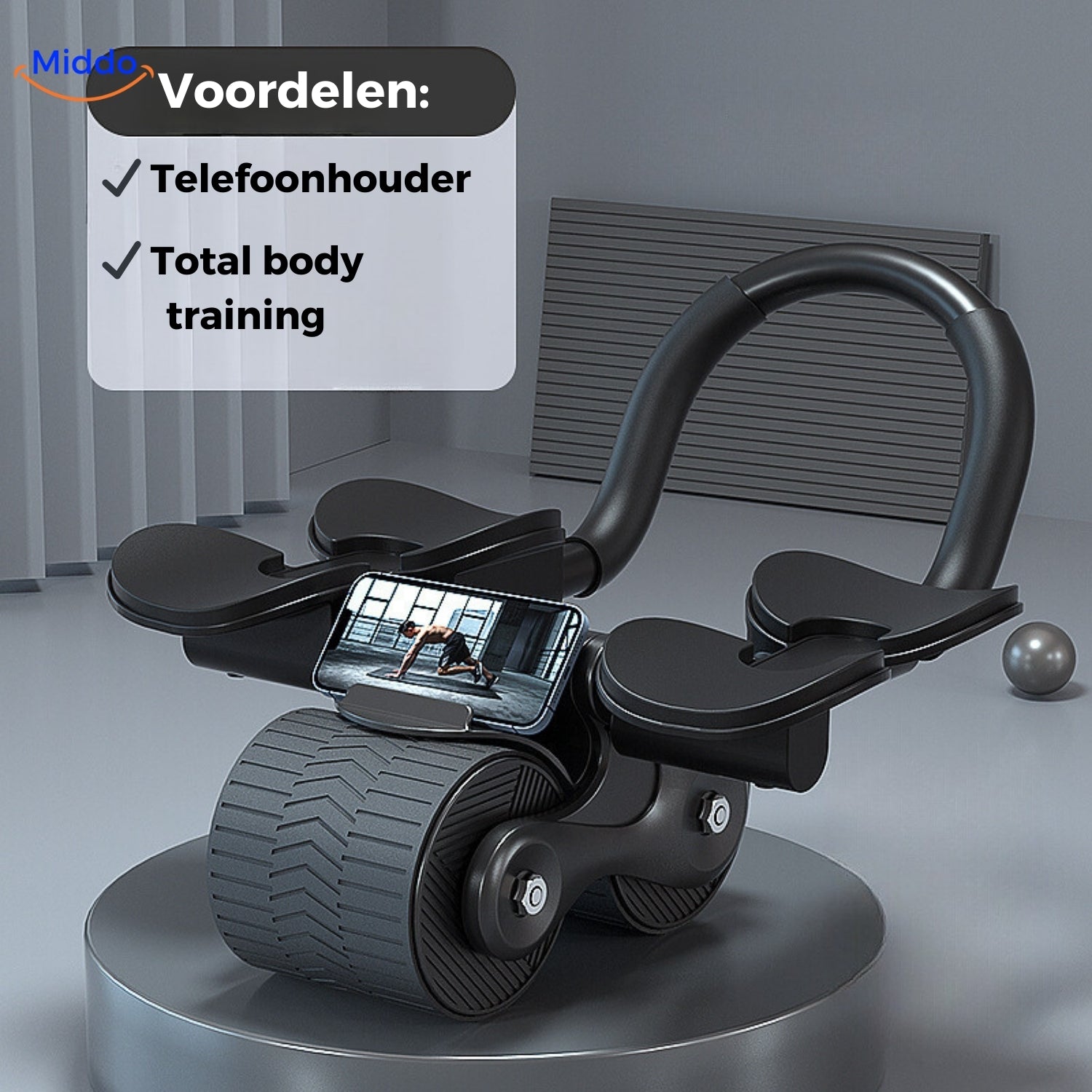 Zwarte Abwheel pro buikspier trainer met telefoonhouder van Middo.nl