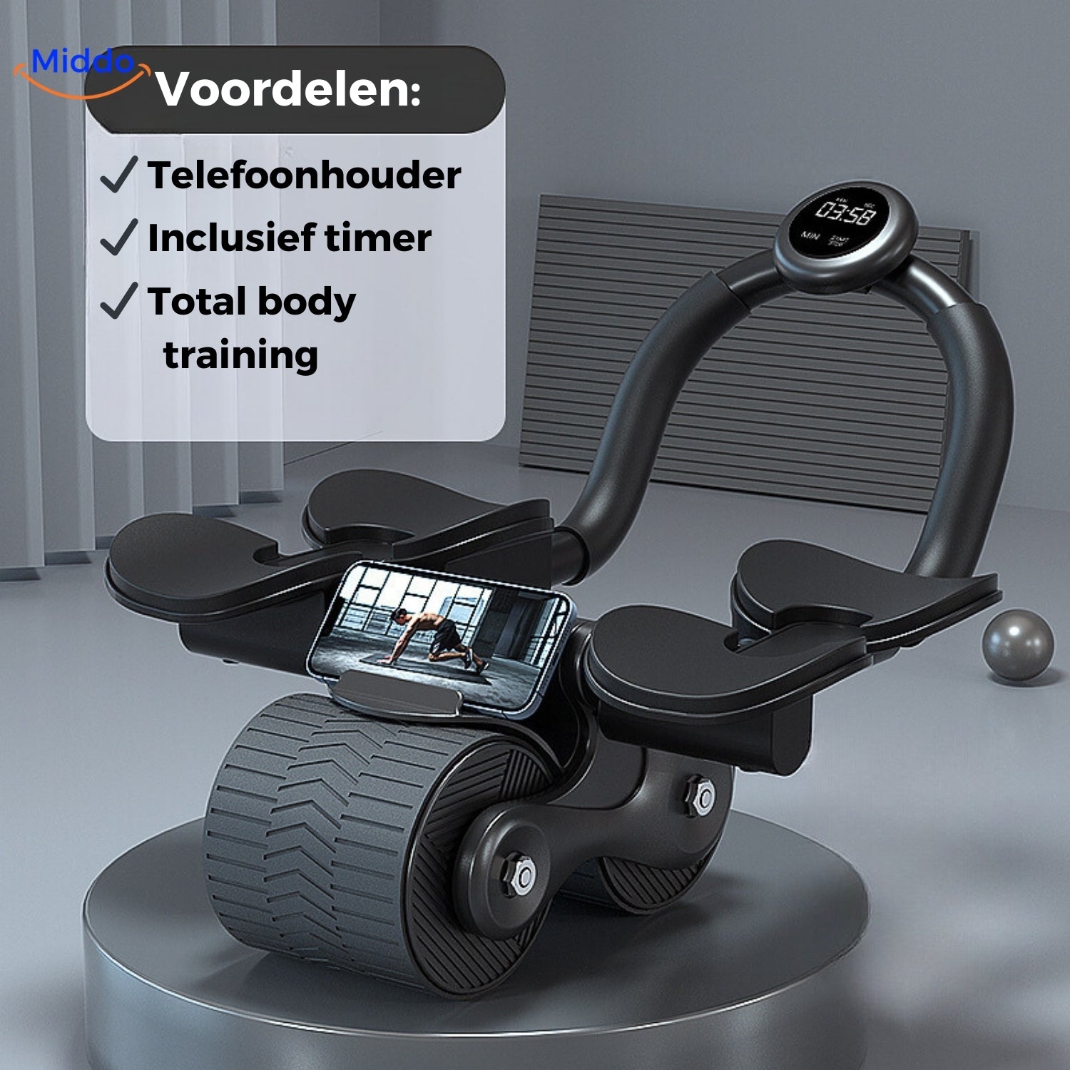 Zwarte Abwheel pro buikspier trainer met telefoonhouder en timer van Middo.nl