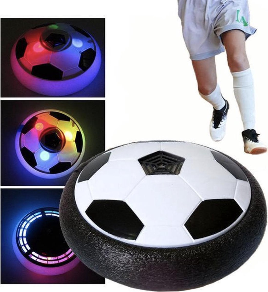 De AirPlay Voetbal met nog 3 foto's van de verschillende kleuren led verlichting en met de benen van een jonge met voetbalschoenen aan op een witte achtergrond