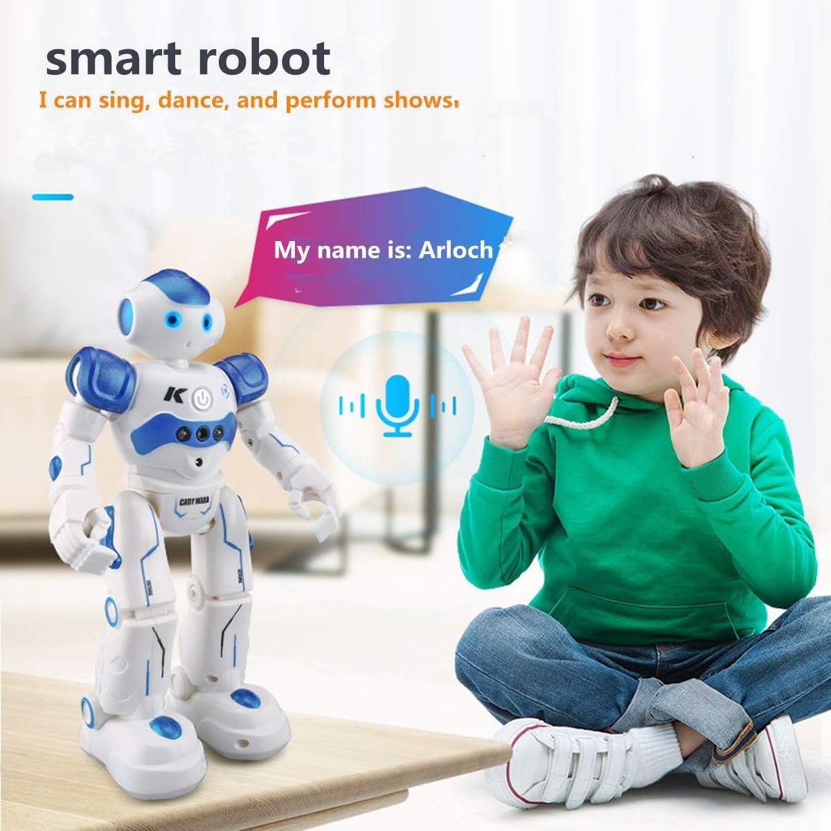 Witte en blauwe Arlock kinderrobot met heldere LED-ogen, geschikt voor gebarenbesturing en interactieve activiteiten zoals zingen en dansen