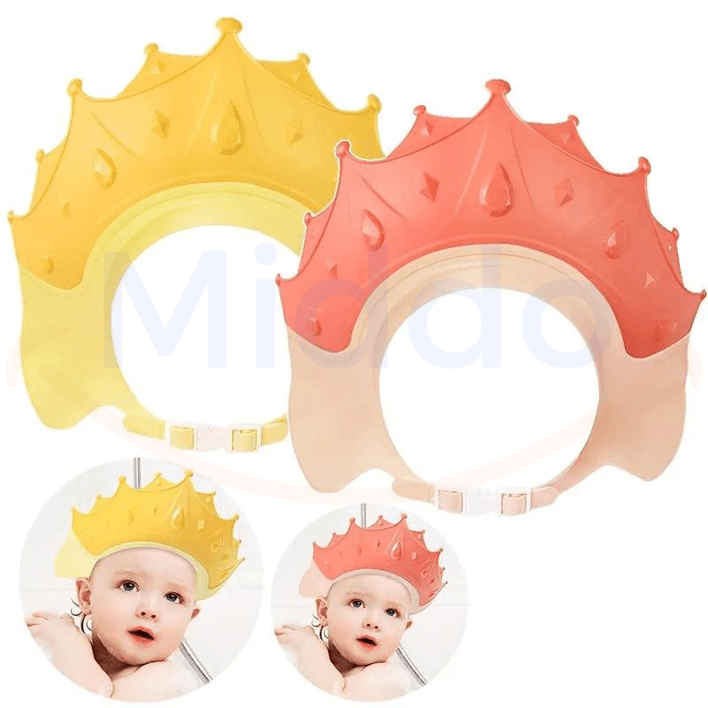 Gele en rode kroonvormige badhoeden met baby afbeeldingen.