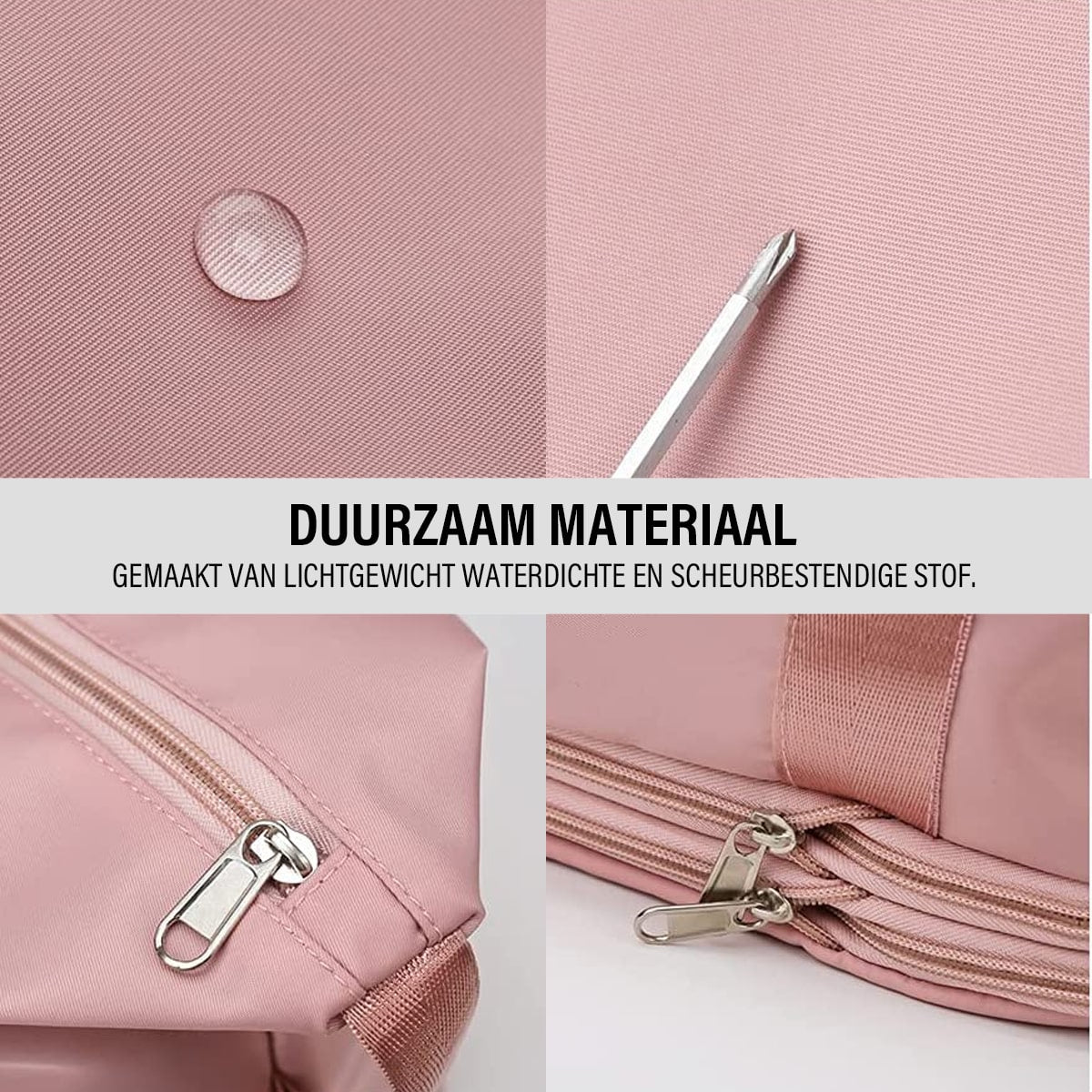 Afbeelding van het duurzaam materiaal gemaakt van lichtgewicht waterdichte en scheurbestendige stof in de kleur roze van de  Beggo reistas.