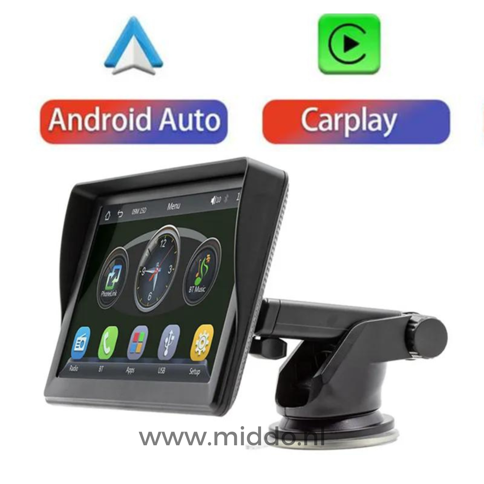 Foto van Carplay met Android  en Carplay teken er boven op een witte achtergrond.