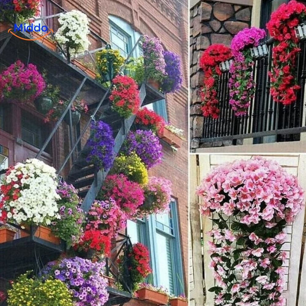 Kleurrijke orchideeën aan trappenhuis, balkon en muur