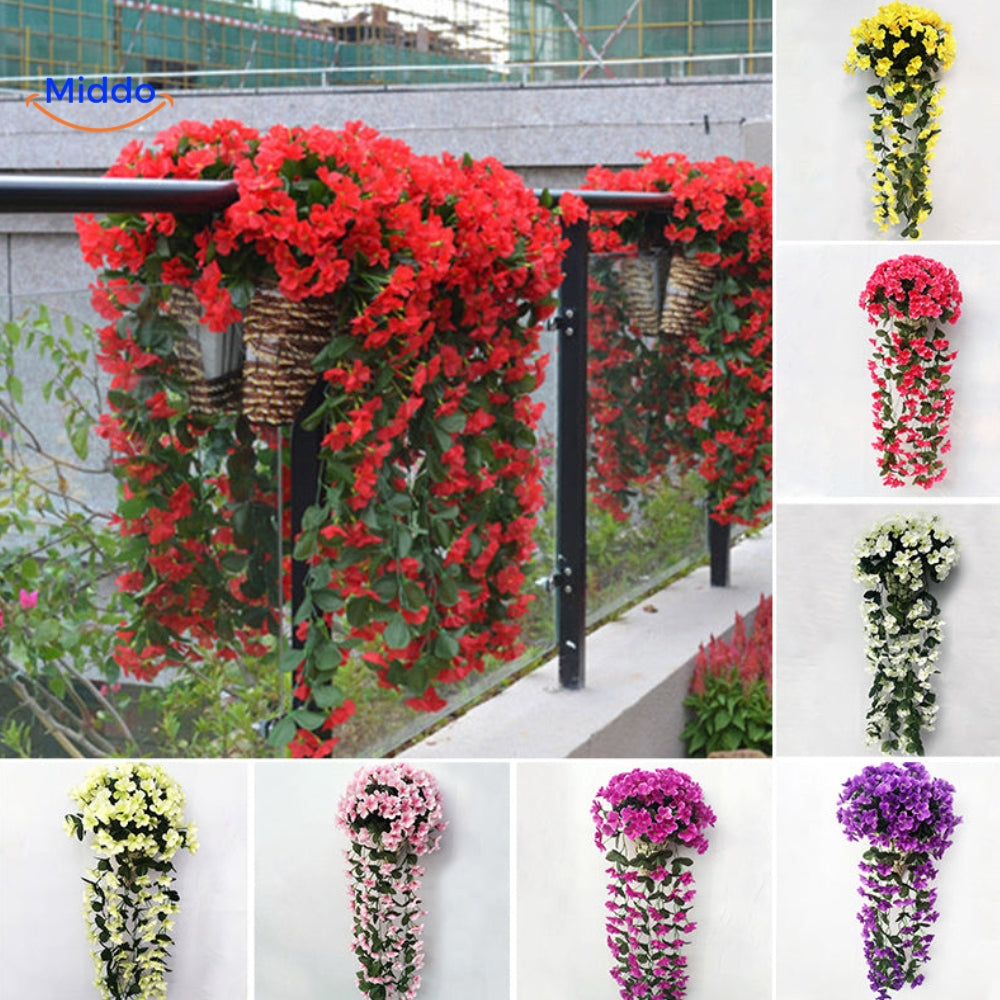 Rode charmante orchideeën decoratie op balkon en afbeeldingen van alle kleuren