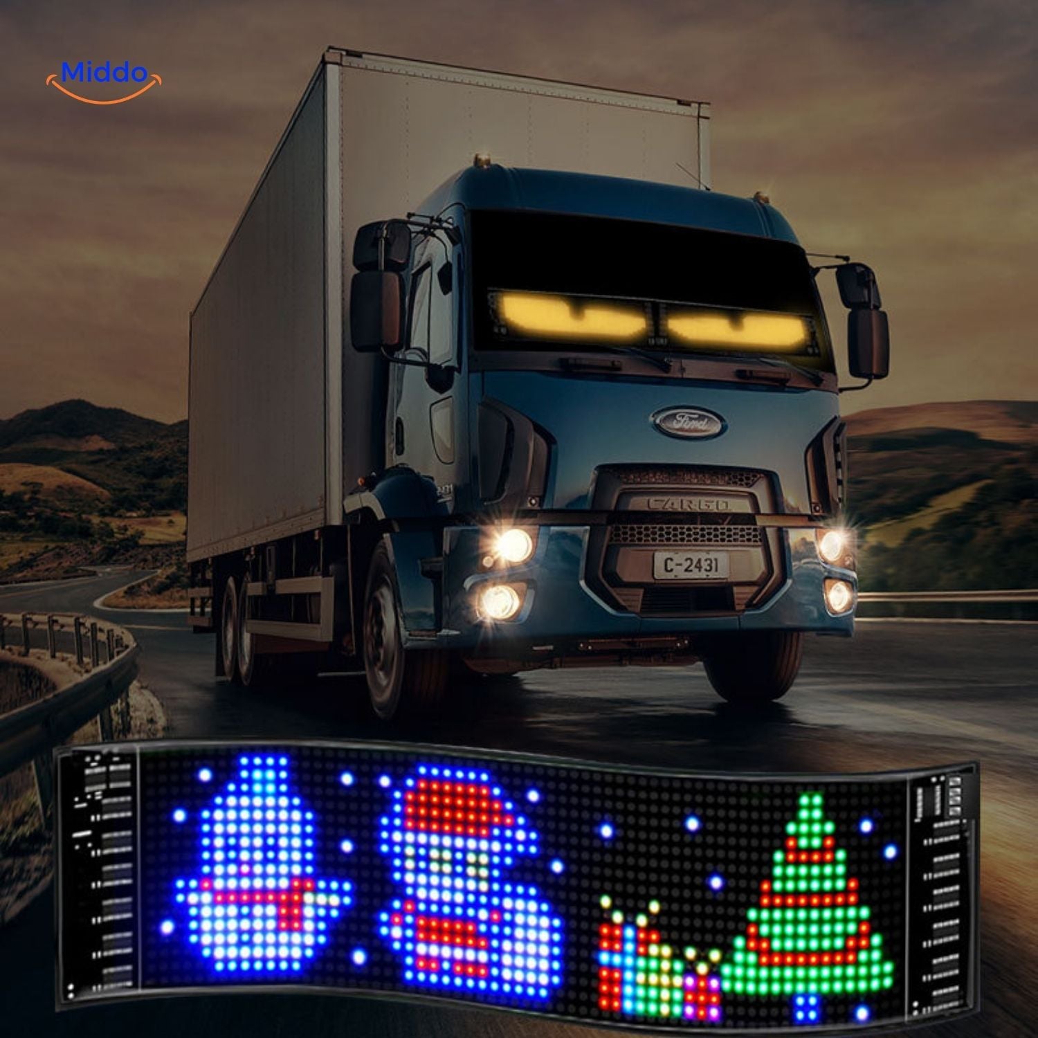 DriveFlex LED scherm met kerstafbeeldingen op vrachtwagen www.middo.nl