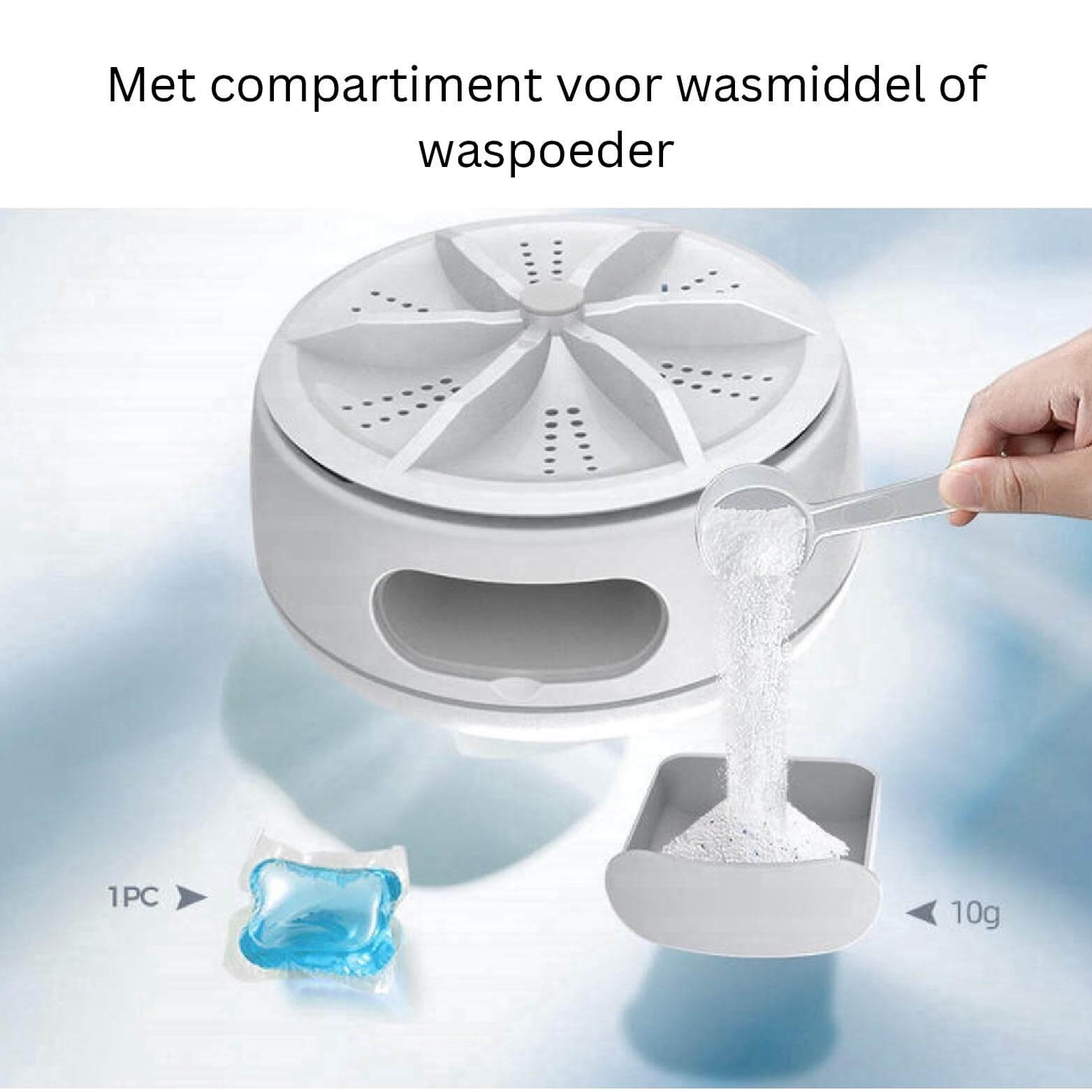 EasyWash mini-wasmachine met compartiment voor wasmiddel.