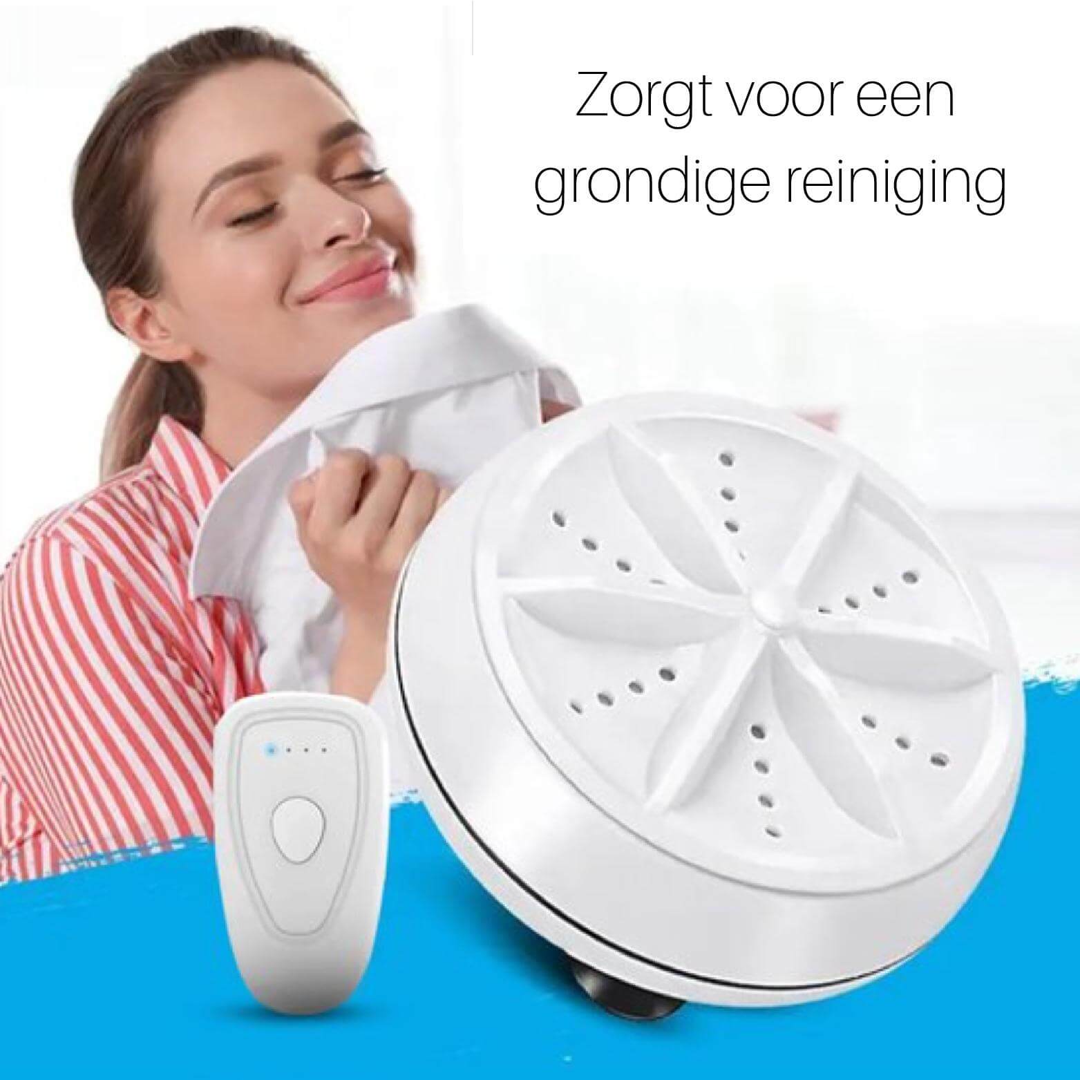 Vrouw geniet van schone kleding dankzij EasyWash mini-wasmachine.