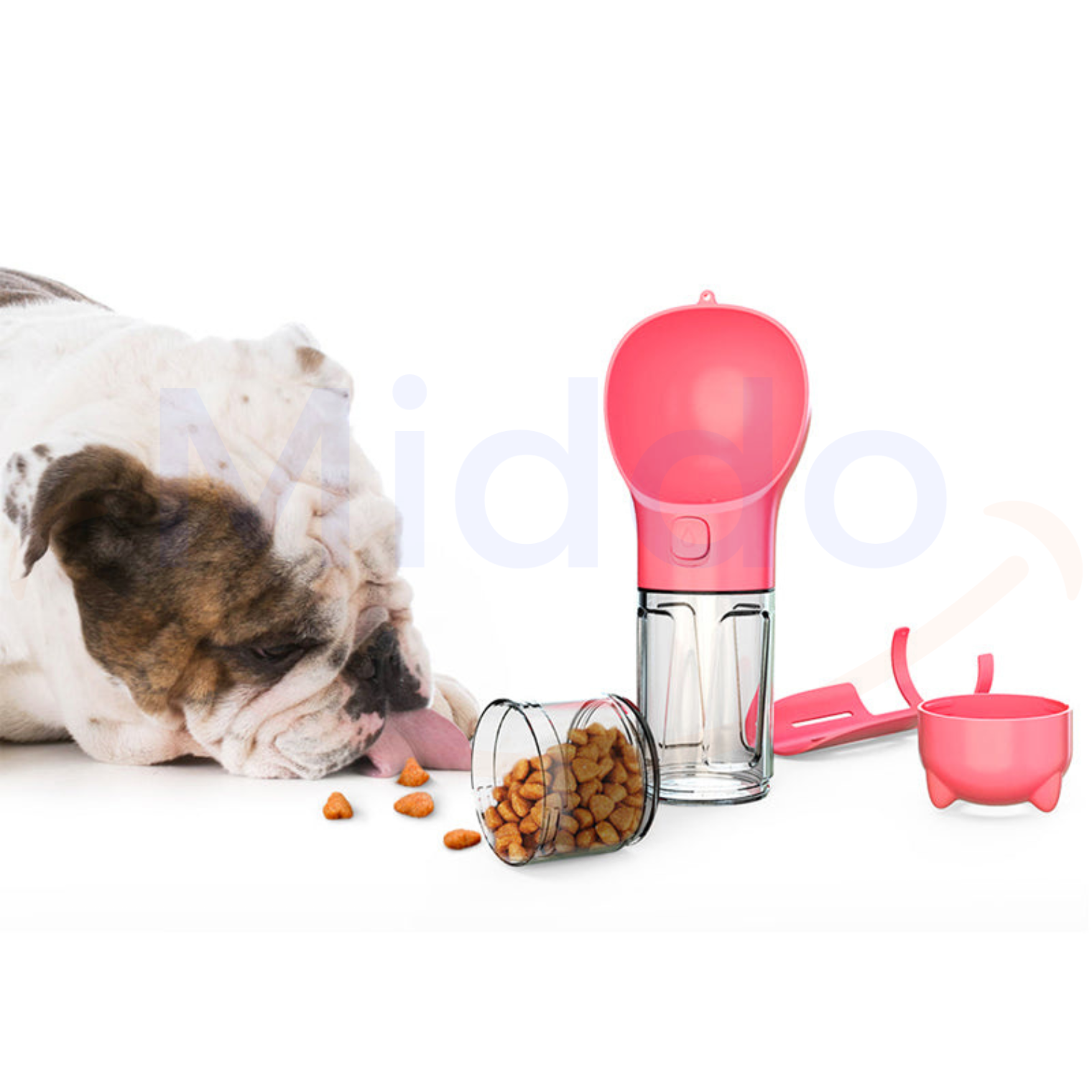 Roze FurryFeeder met bulldog en voer