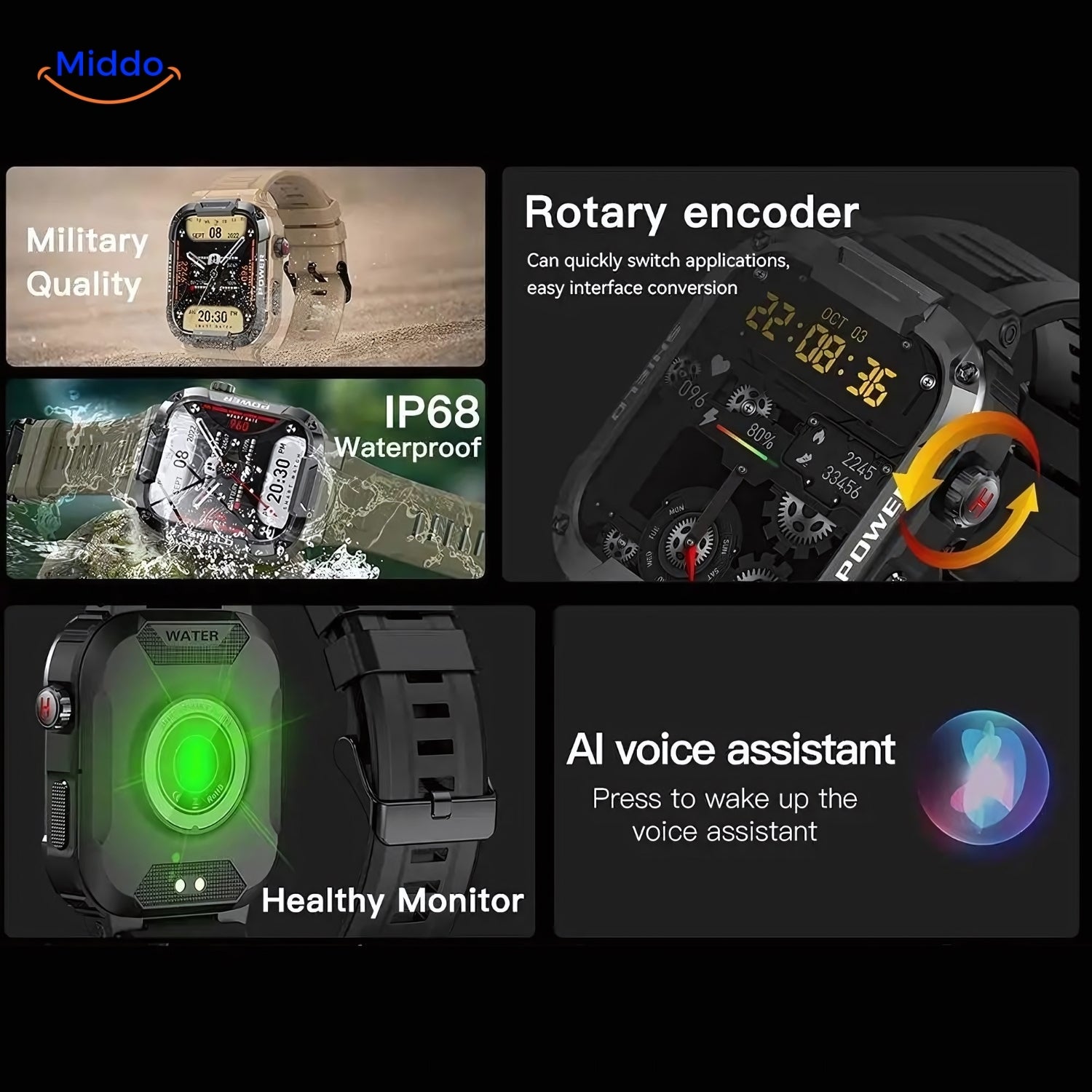 IP68 waterproof onverwoestbare smartwatch voor IOS en Android www.middo.nl