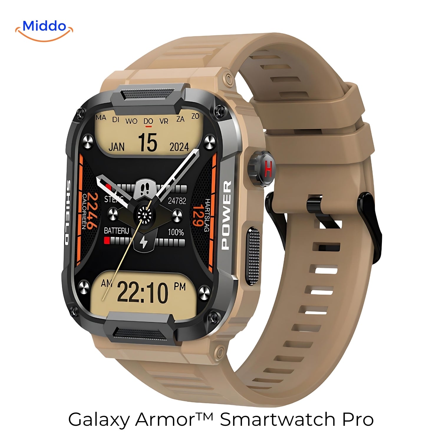 Galaxy Armor Smartwatch Pro voor IOS en Android Kaki Limited Edition www.middo.nl