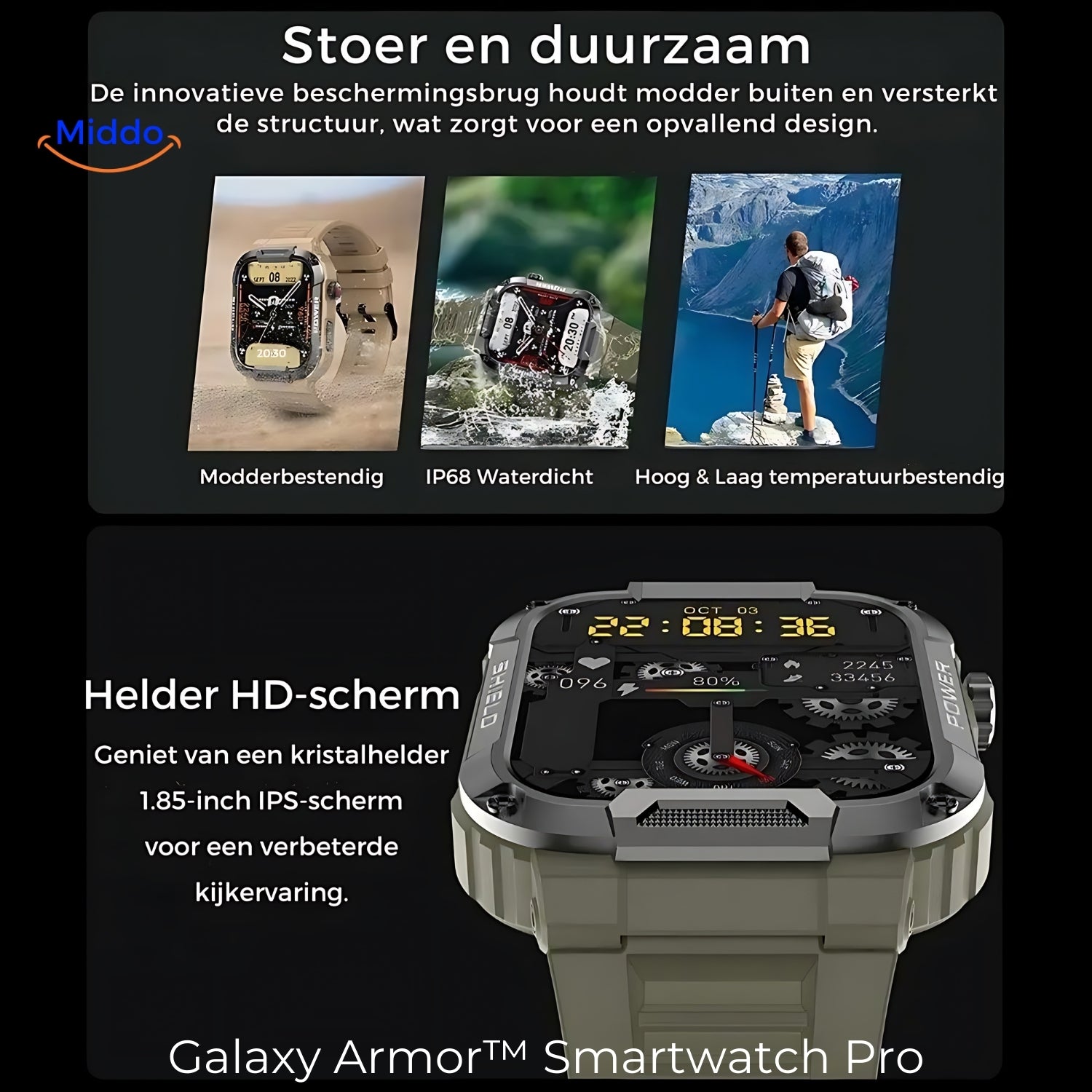 Stoer en Duurzame onverwoestbare smartwatch www.middo.nl