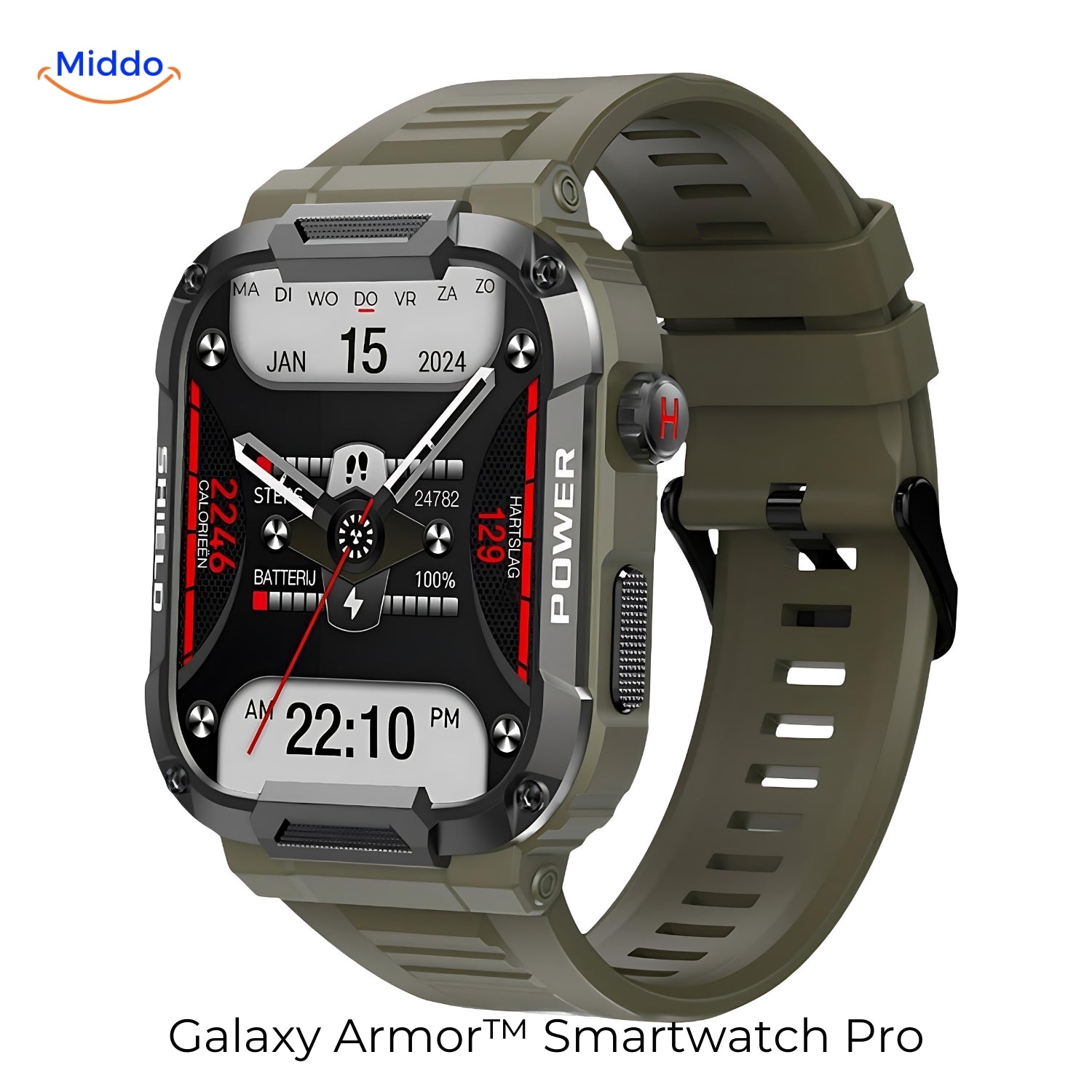 Galaxy Armor Smartwatch Pro voor IOS en Android legergroen www.middo.nl