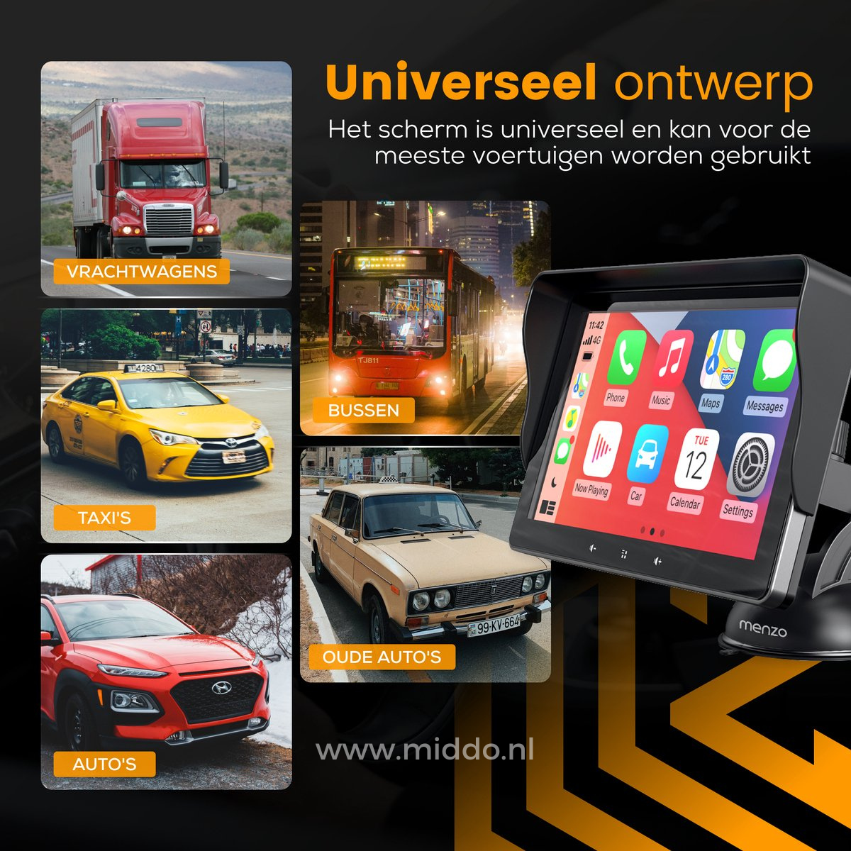 CarPlay met foto's van meerdere voertuigen waarin het gebruikt kan worden zoals bus vrachtwagen en auto.