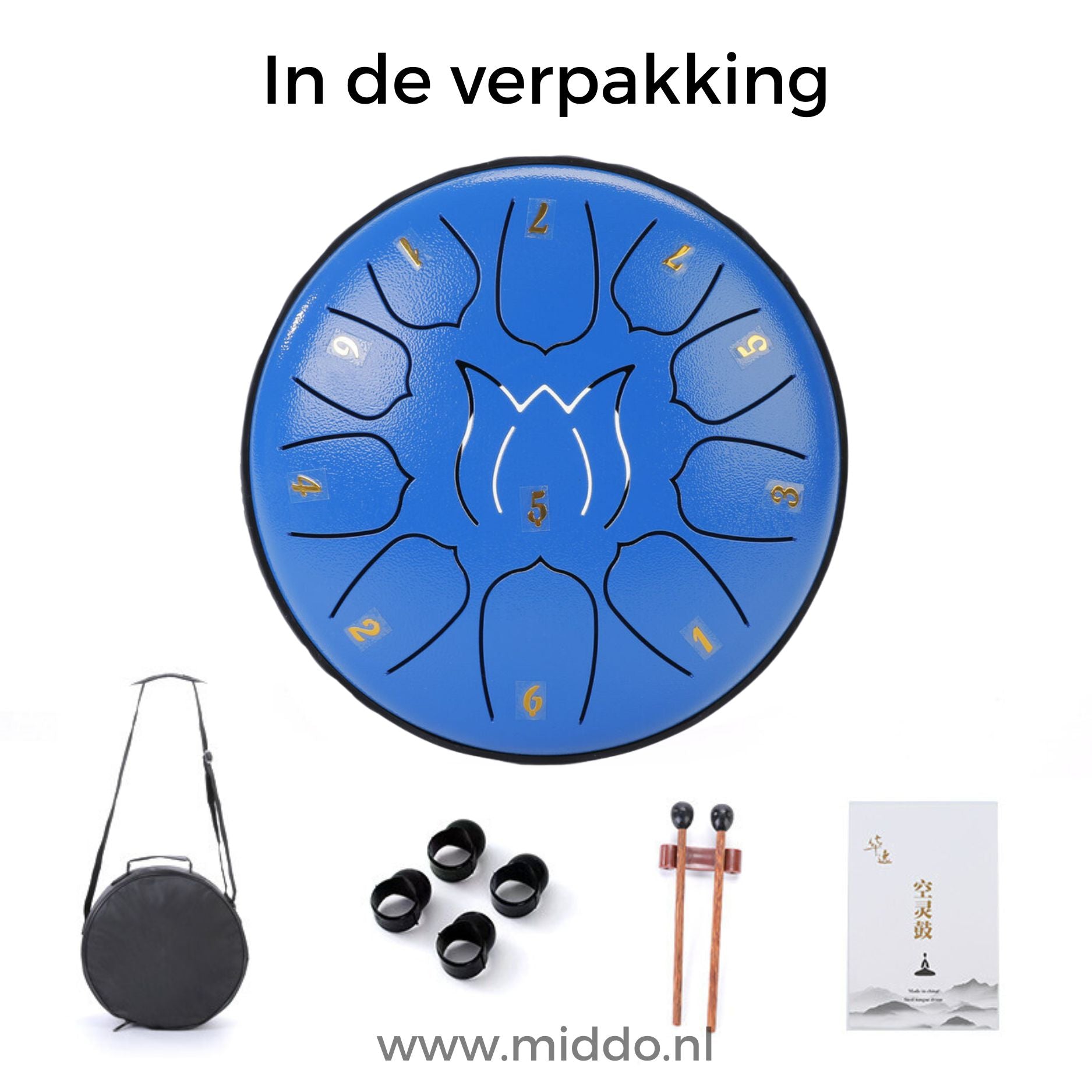 Inhoud van de verpakking van de Harmonii KlankOase Steel Tongue Drum met accessoires