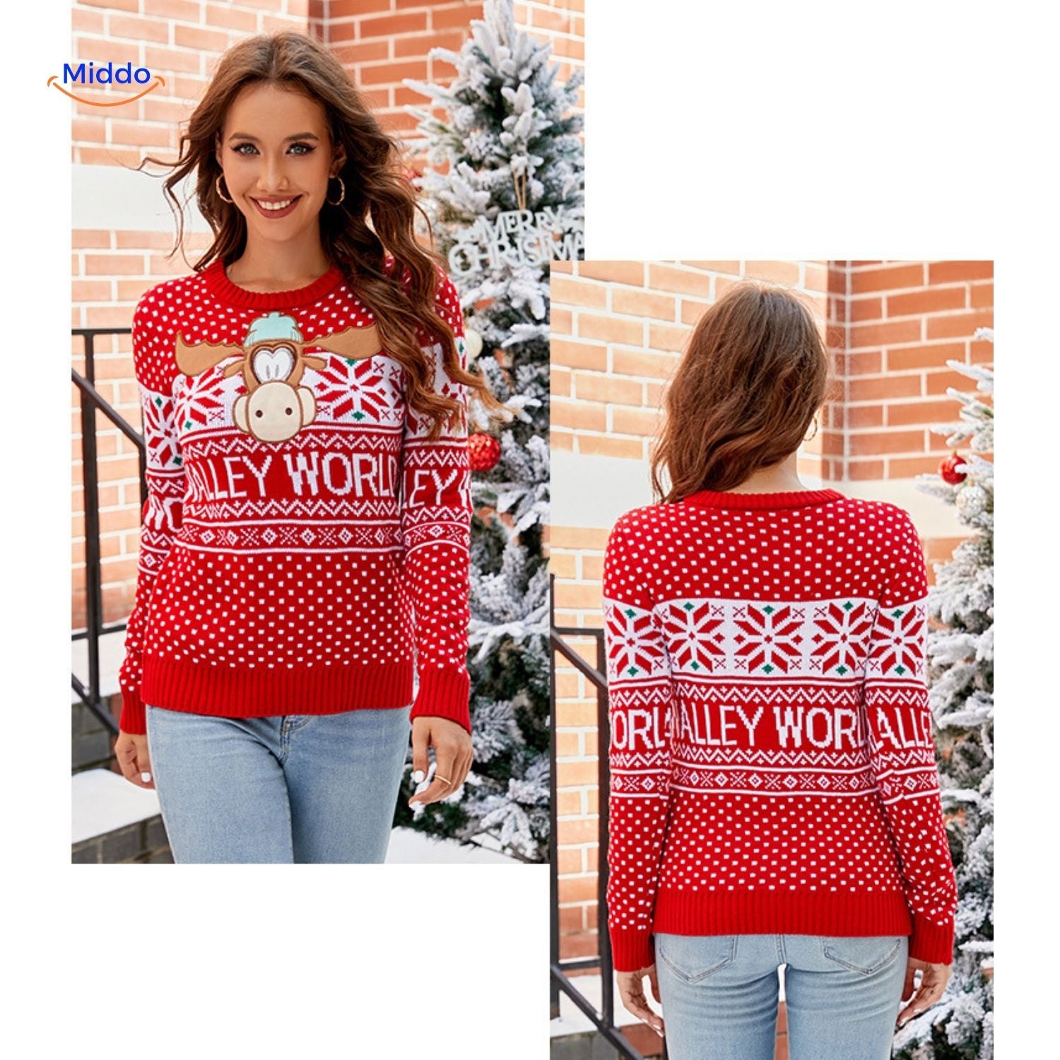 Jingle Knit Trui rood met sneeuwvlokken en kerstversiering www.middo.nl