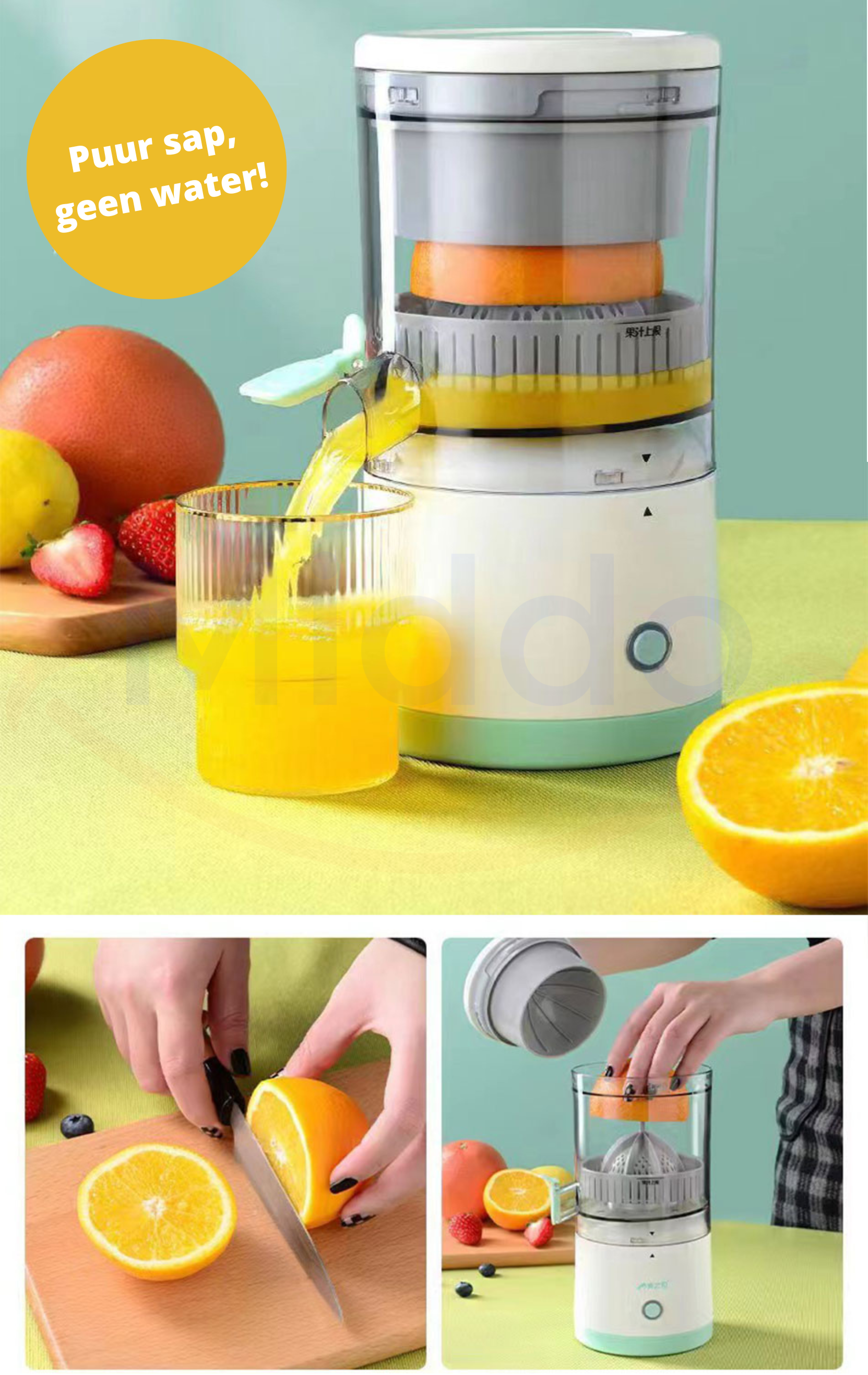 Juice-O-Matic versgeperste sapmachine met sinaasappelsap