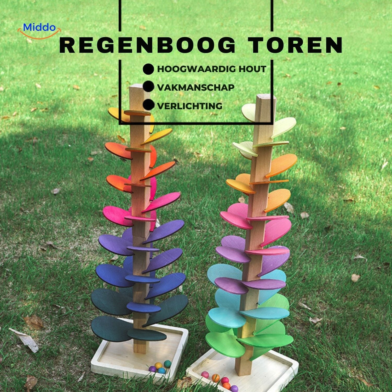 LearnPlay Ballenbaan Boom regenboog toren twee kleuropties www.middo.nl