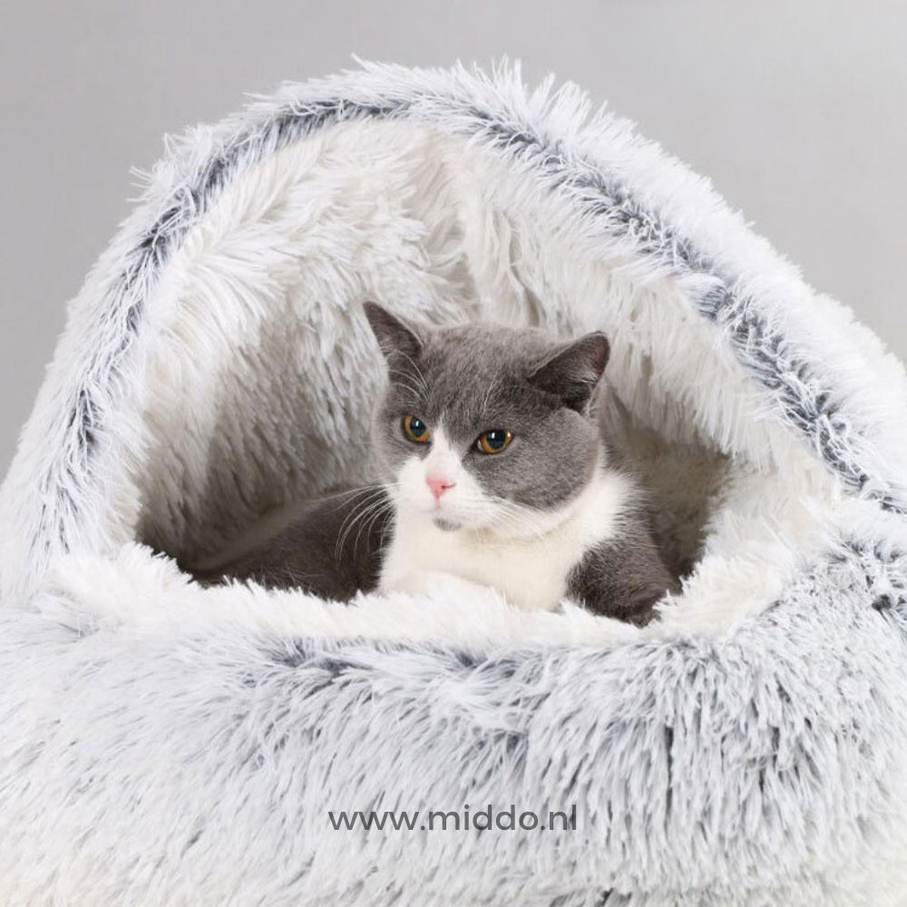 Grijs luxe huisdierbed met kat erin, SoftSnuggle