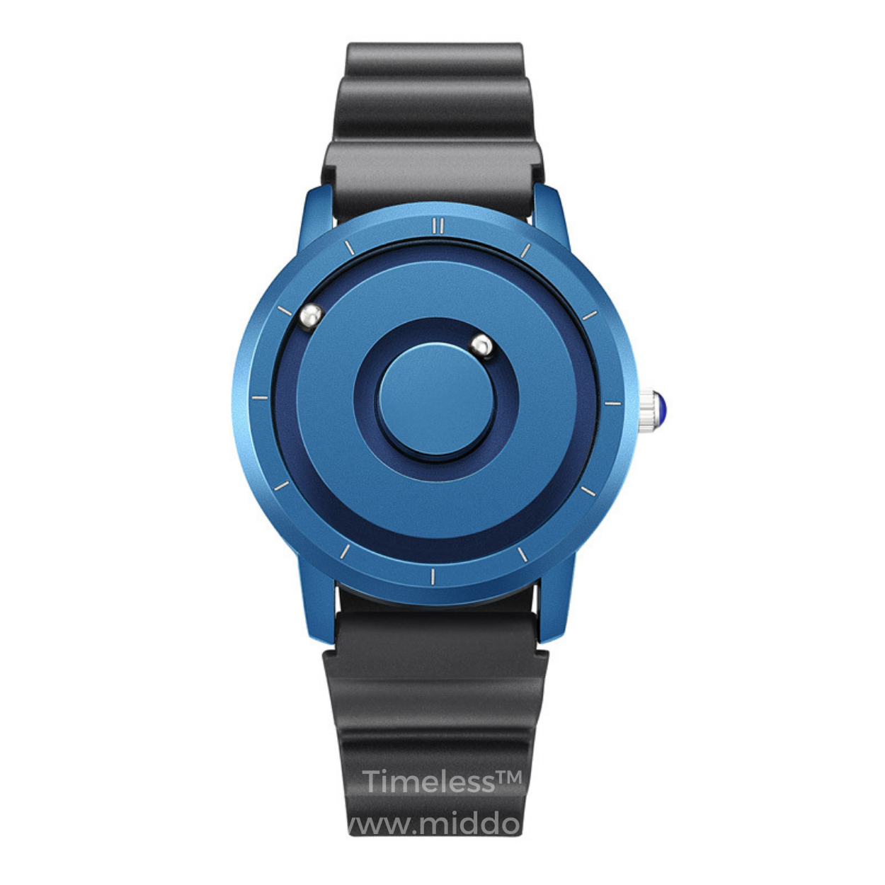 Blauw horloge met zwarte siliconenband en minimalistisch ontwerp.