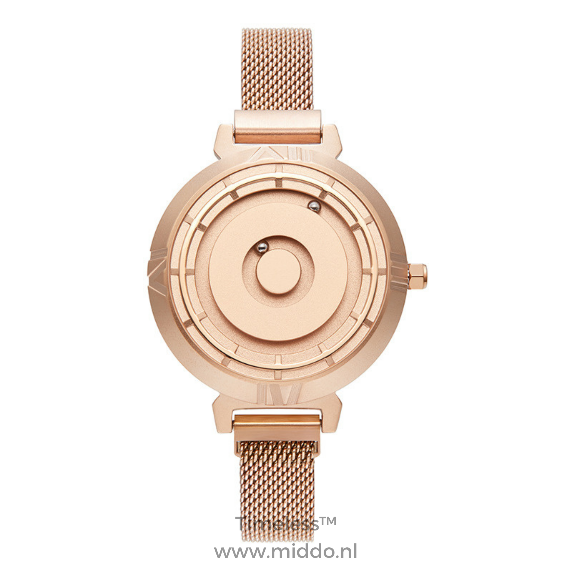 Rosegouden horloge met meshband en elegant ontwerp voor dames.