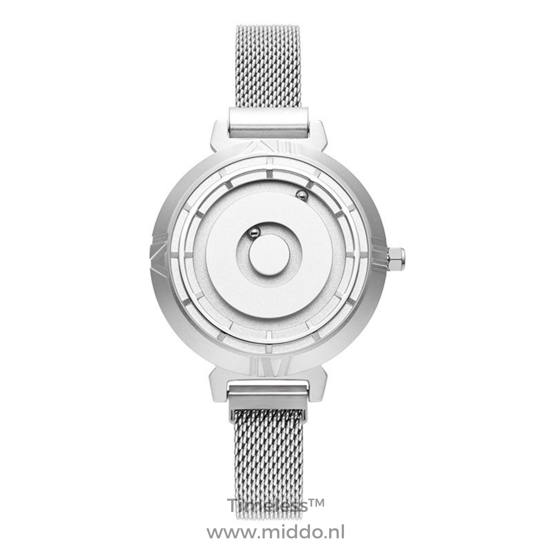 Zilveren horloge met meshband en elegant ontwerp voor dames.