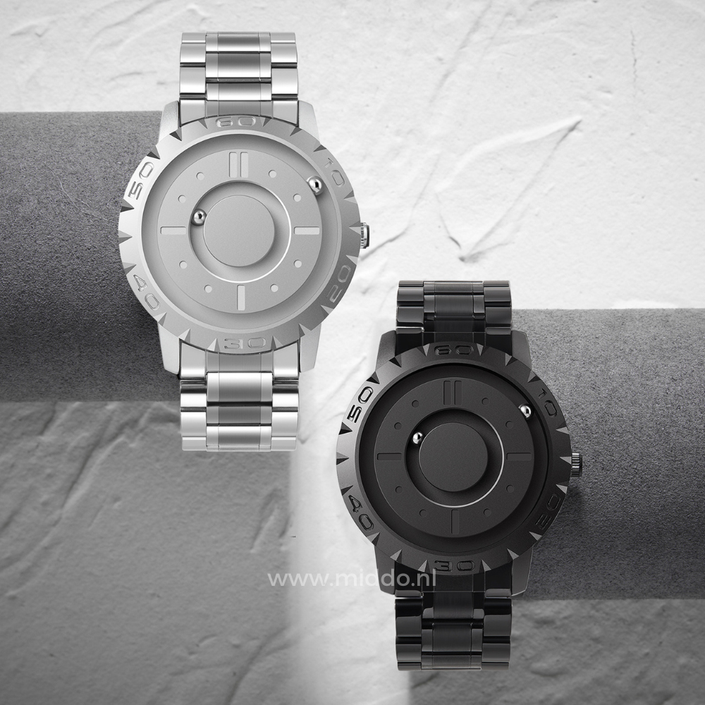 Zilver en zwart horloge naast elkaar op een grijze achtergrond.