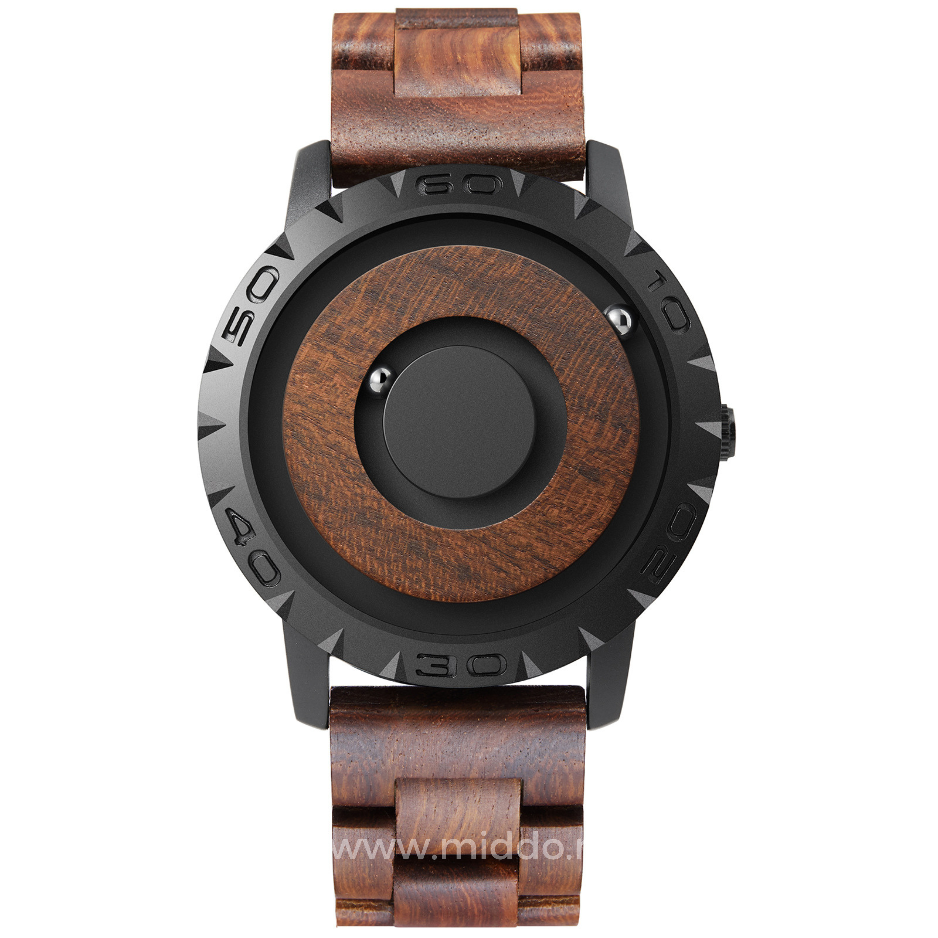 Zwarte Magnetique horloge met houten wijzerplaat en houten band