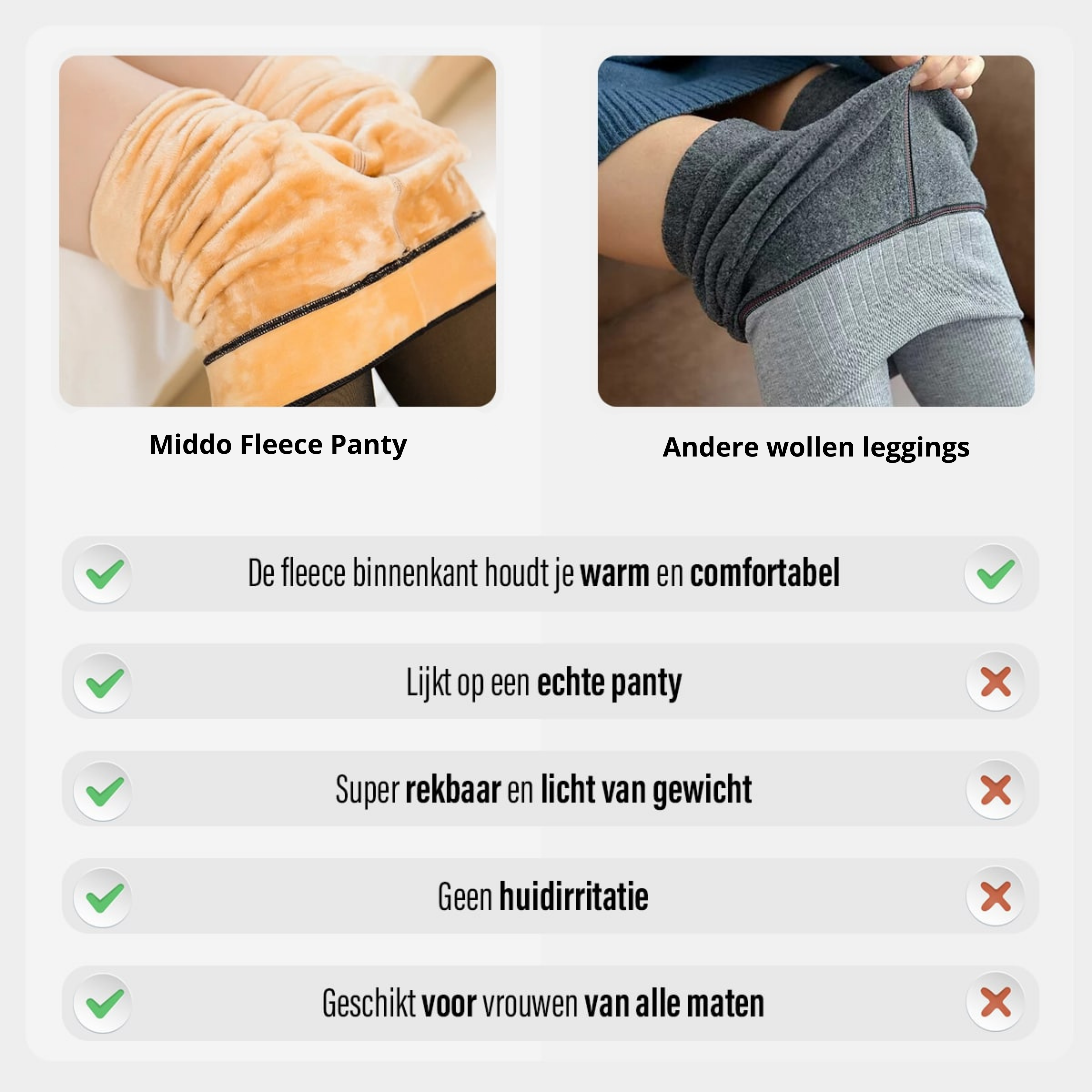 Vergelijking van Middo Fleece Panty met andere wollen leggings.