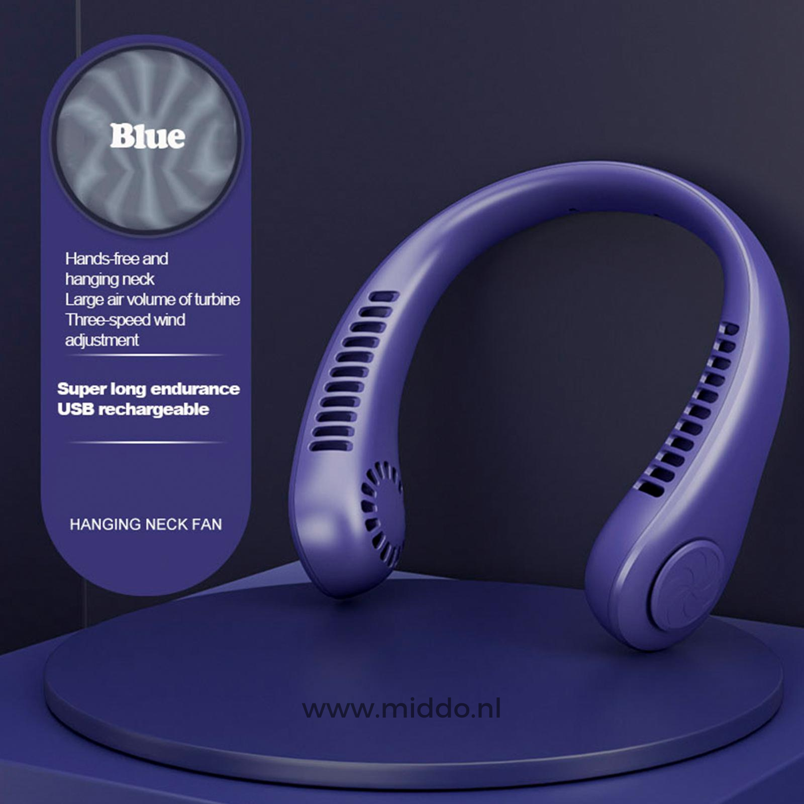 Blauwe NekFan met handsfree ontwerp en USB oplaadbaarheid
