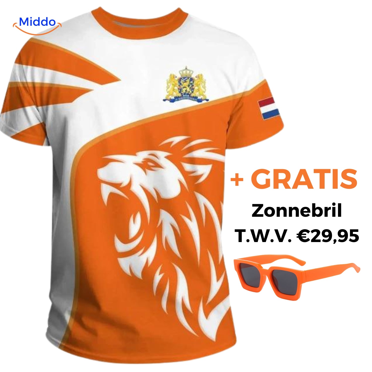 Optie 1 oranje t-shirt met gratis De Oranje Zonnebril www.middo.nl