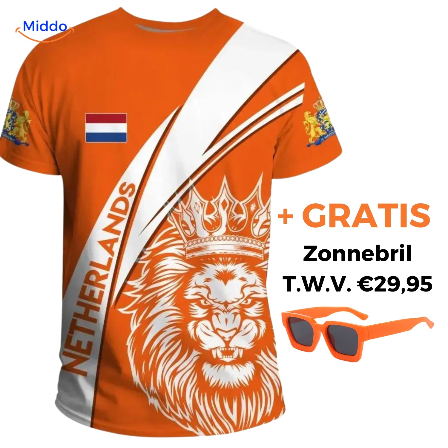 Optie 2 oranje t-shirt met gratis De Oranje Zonnebril www.middo.nl