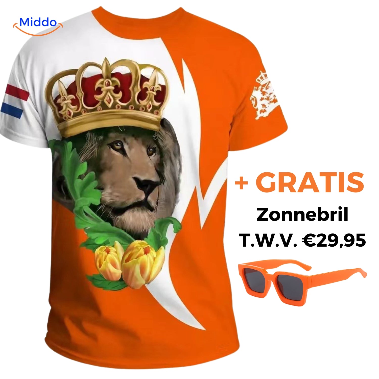 Optie 3 oranje t-shirt met gratis De Oranje Zonnebril www.middo.nl