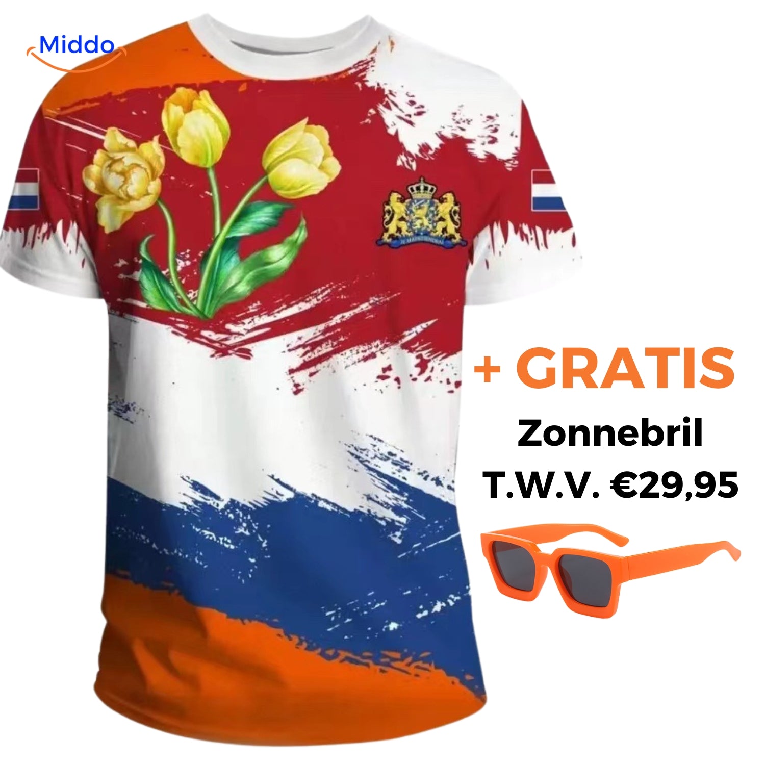 Optie 4 oranje t-shirt met gratis De Oranje Zonnebril www.middo.nl