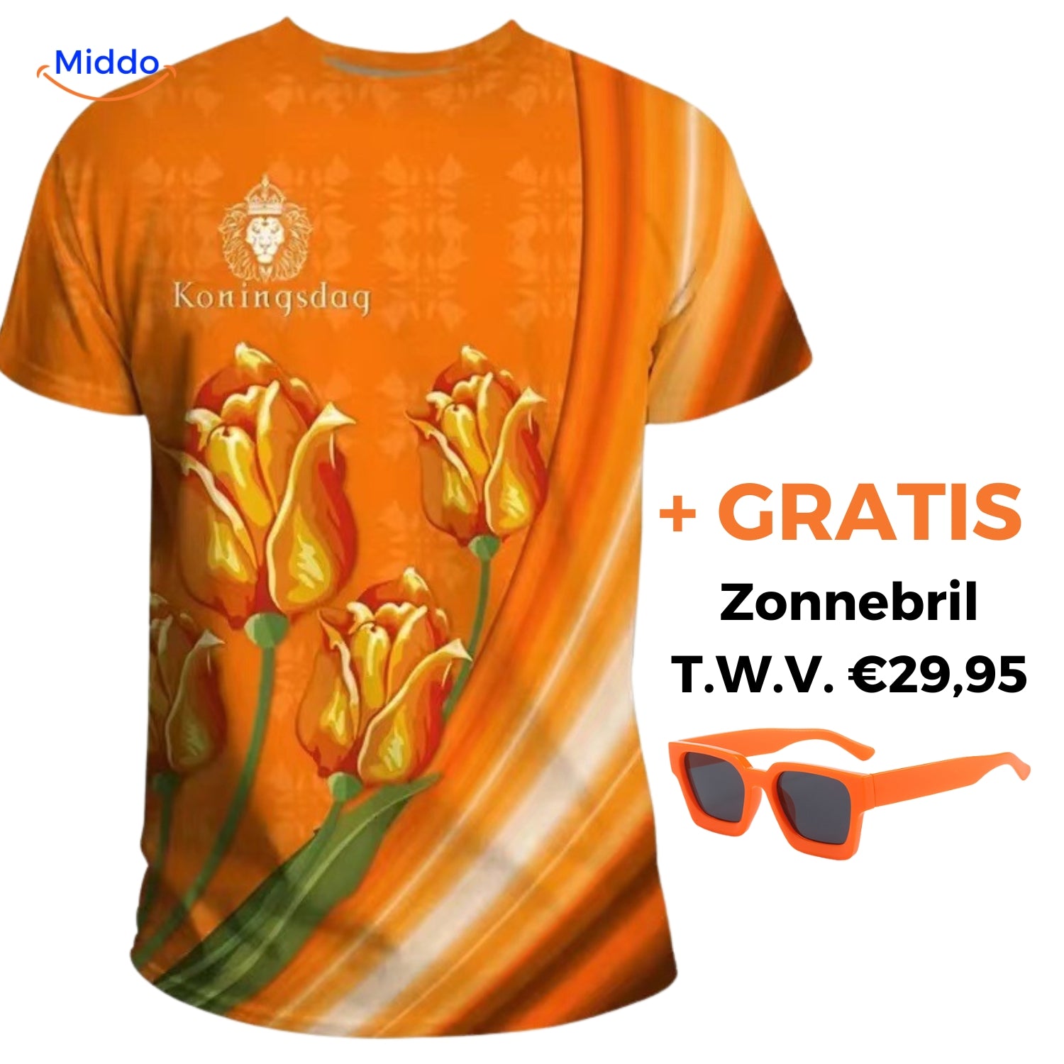 Optie 6 oranje t-shirt met gratis De Oranje Zonnebril www.middo.nl