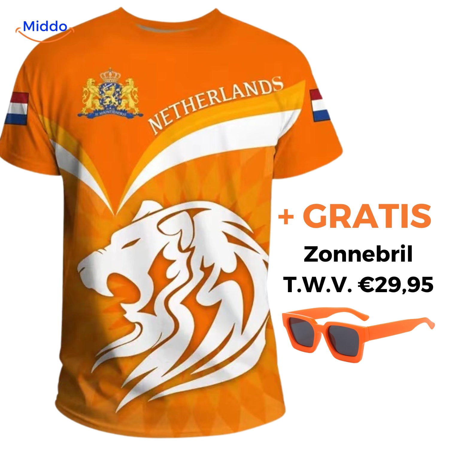 Optie 7 oranje t-shirt met gratis De Oranje Zonnebril www.middo.nl