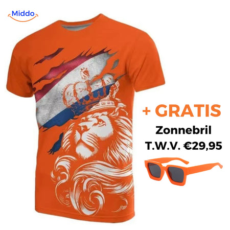 Optie 8 oranje t-shirt met gratis De Oranje Zonnebril www.middo.nl
