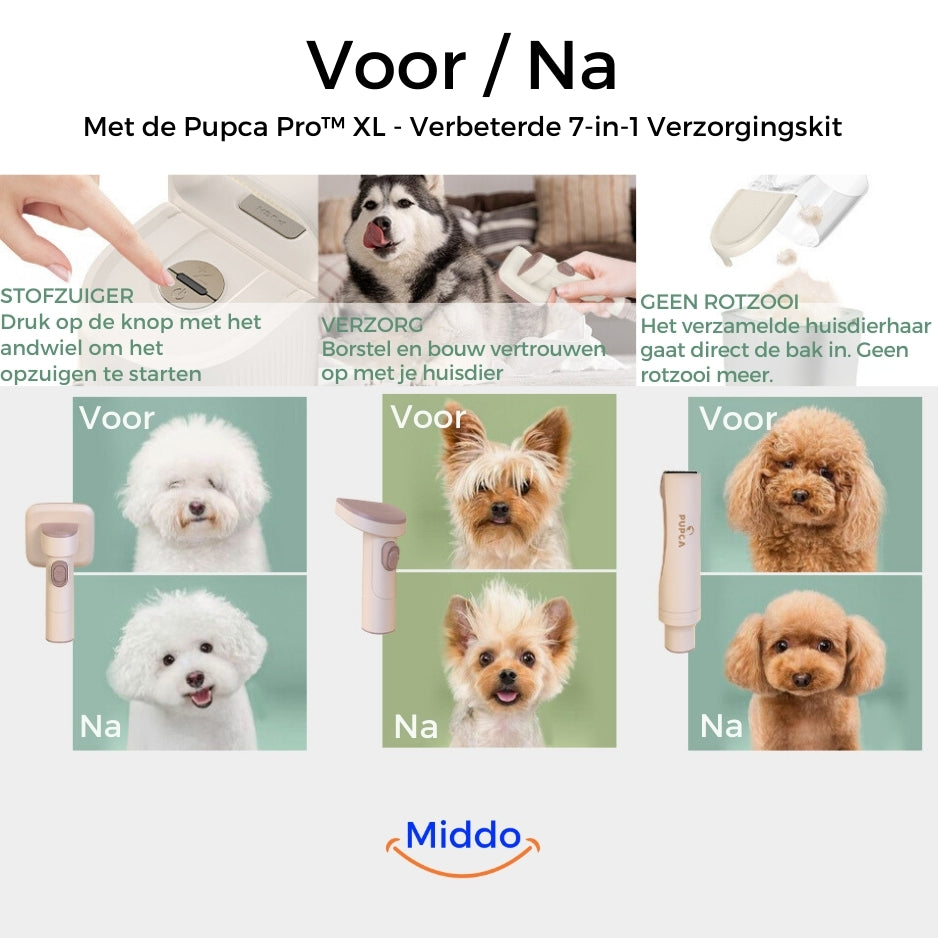Voor en na foto's van honden, gebruik van huisdierverzorgingskit.