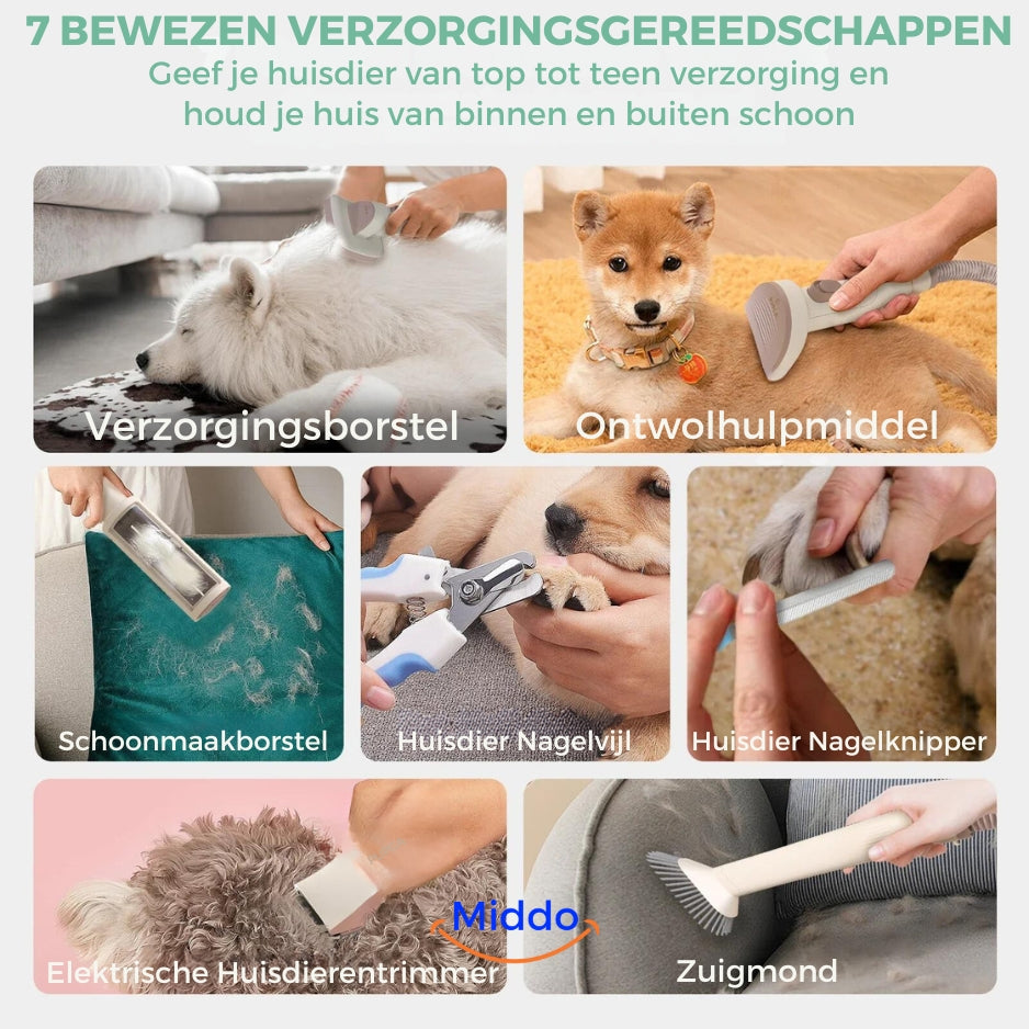 Zeven verzorgingsgereedschappen voor huisdieren in gebruik.
