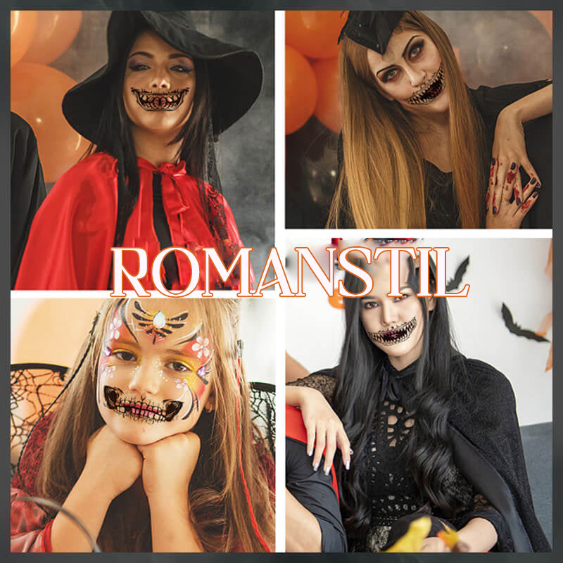 Groep mensen in Halloween kostuums met horror tattoos op gezicht