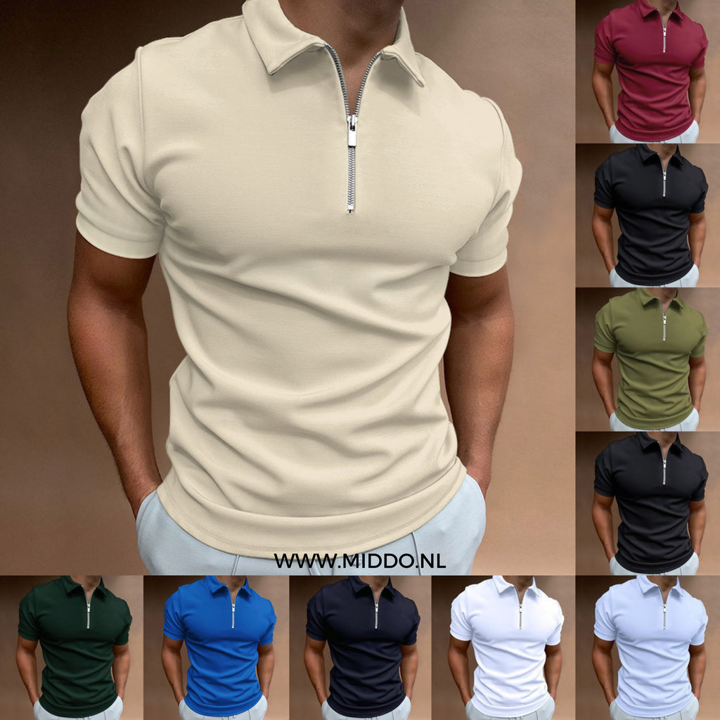 Man in verschillende kleuren polo's met ritssluiting en ultiem comfort.