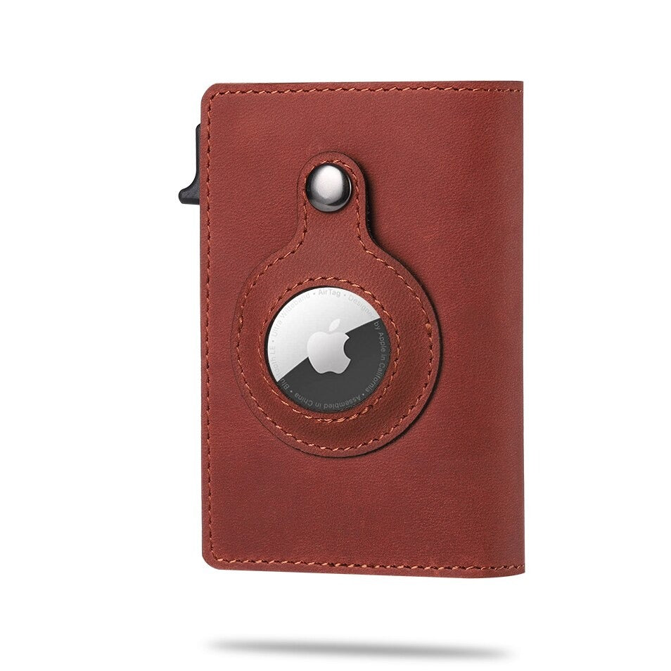 Roodbruine portemonnee met zichtbare Airtag.